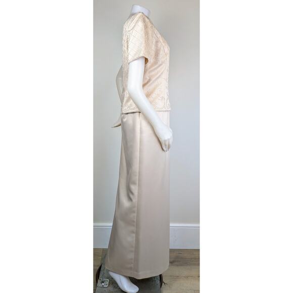 Karen Miller Cream Satin Beaded Short Sleeve Formal Event Maxi Dress Size 10 - Picture 6 of 11